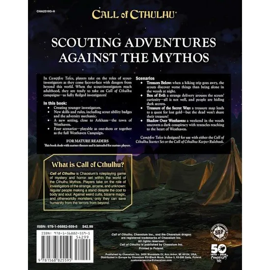 A roleplaying game book cover featuring a group of young scouts around a campfire under an eerie nocturnal sky containing hidden cosmic horror shapes