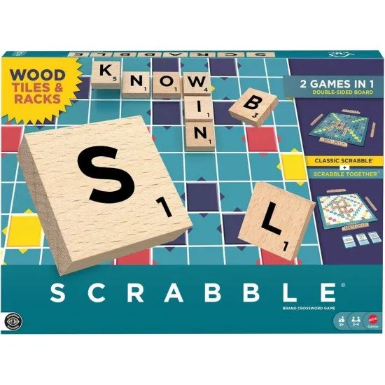 A double-sided Scrabble board showing the classic grid on one side and the colourful Scrabble Together layout on the other