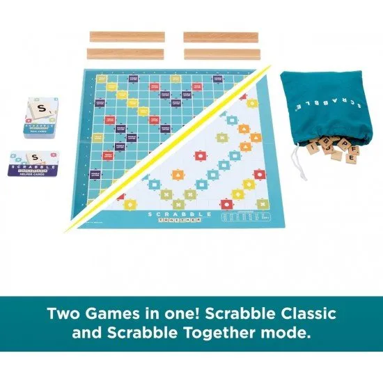 A double-sided Scrabble board showing the classic grid on one side and the colourful Scrabble Together layout on the other