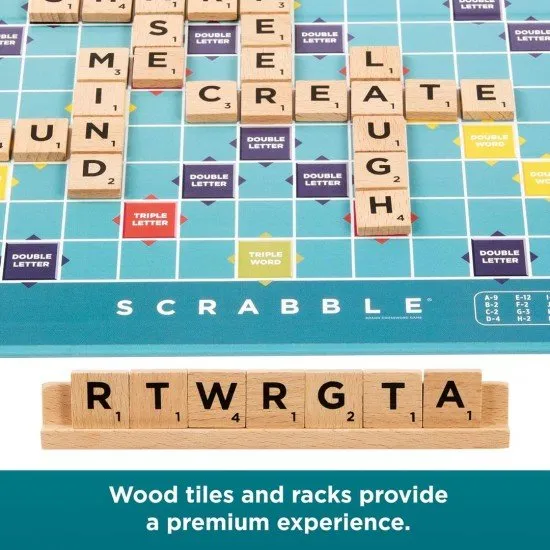 A double-sided Scrabble board showing the classic grid on one side and the colourful Scrabble Together layout on the other