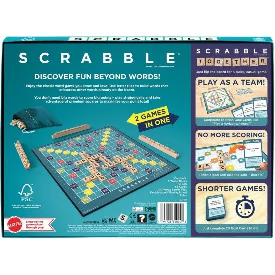 A double-sided Scrabble board showing the classic grid on one side and the colourful Scrabble Together layout on the other