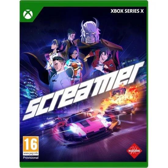 Screamer Xbox Series X game case showing stylized vehicles and character art
