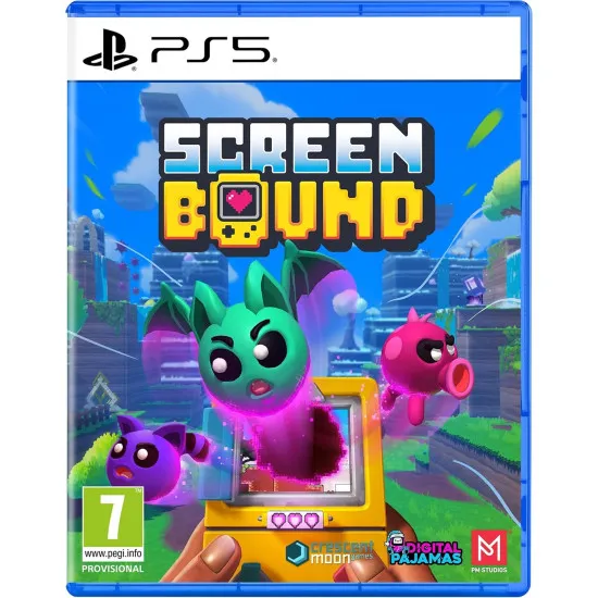 A PlayStation 5 game case showing a first-person view of a character holding a retro handheld console that mirrors a pixel art version of the surreal 3D world surrounding them
