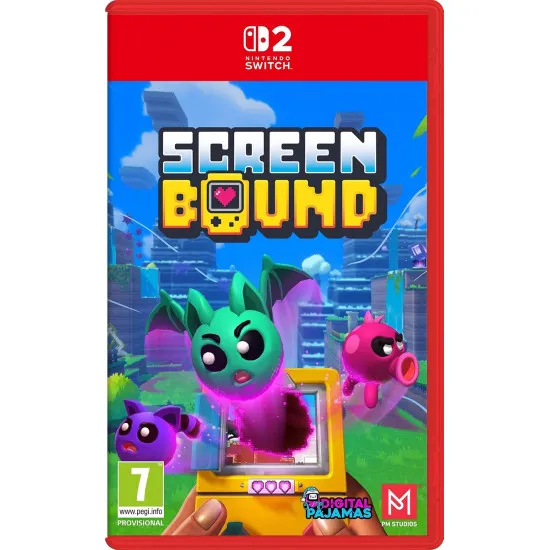 A Nintendo Switch 2 game case showing a first-person view of a player holding a retro handheld console that mirrors a pixel art version of the surrounding 3D surreal landscape