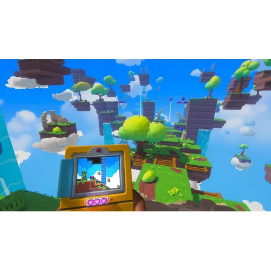 A PlayStation 5 game case showing a first-person view of a character holding a retro handheld console that mirrors a pixel art version of the surreal 3D world surrounding them