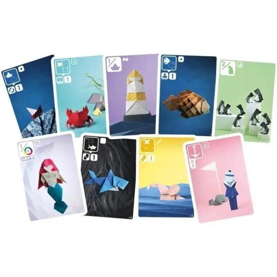 Various cards featuring professional origami photography of crabs, boats, and fish