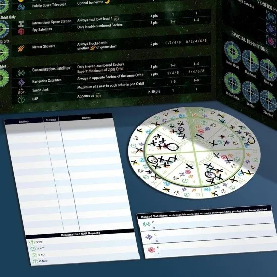 A circular star chart board with rotating orbital rings, telescope tokens, and a smartphone showing the UAP tracking app