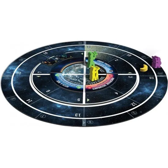 A circular star chart board with rotating orbital rings, telescope tokens, and a smartphone showing the UAP tracking app