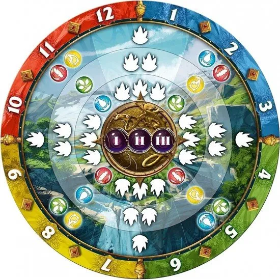 Colourful tarot-sized cards featuring mystical familiars and magical items alongside large engraved seasonal dice