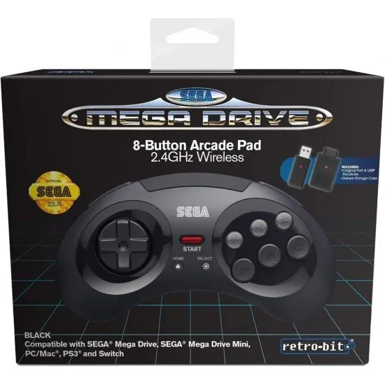 Retro-Bit SEGA Mega Drive 8-Button Arcade Pad 2.4GHz Wireless controller and included exclusive SEGA storage case