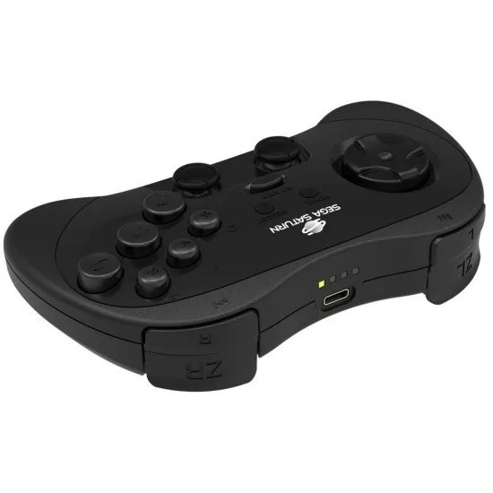 Retro-Bit SEGA Saturn PRO Wireless Controller (black) showing the classic layout, Hall Effect analog sticks, and four shoulder buttons
