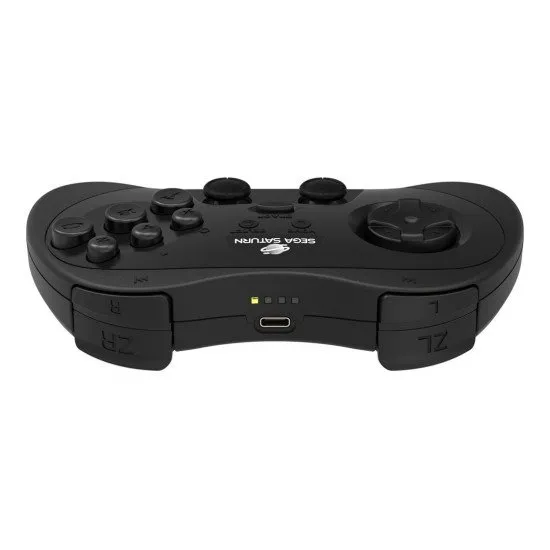 Retro-Bit SEGA Saturn PRO Wireless Controller (black) showing the classic layout, Hall Effect analog sticks, and four shoulder buttons