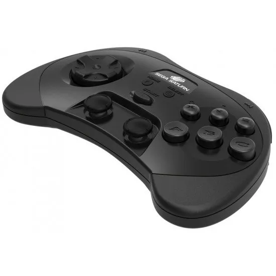 Retro-Bit SEGA Saturn PRO Wireless Controller (black) showing the classic layout, Hall Effect analog sticks, and four shoulder buttons