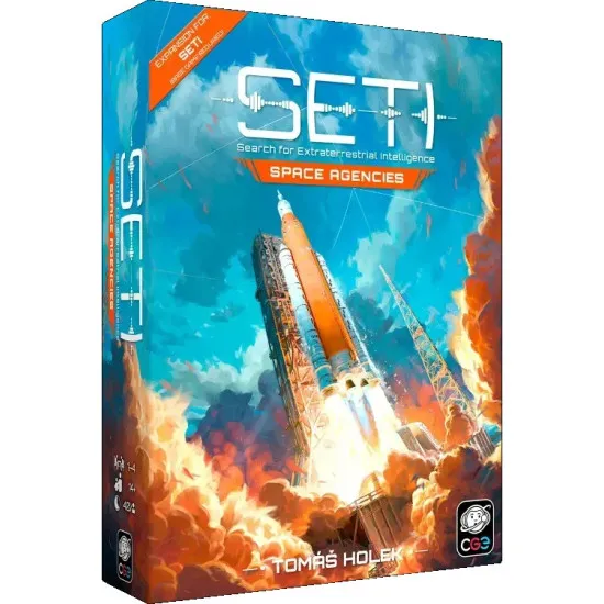SETI Space Agencies expansion box featuring asymmetric space agency organisation artwork for the SETI board game