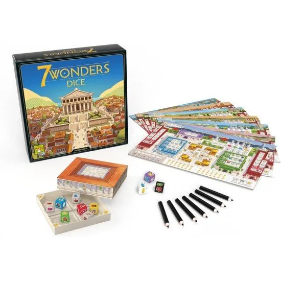 A collection of colourful high-quality dice and erasable wonder trays from the 7 Wonders Dice game