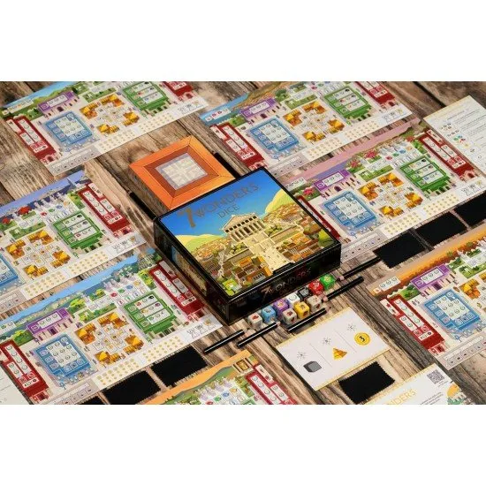 A collection of colourful high-quality dice and erasable wonder trays from the 7 Wonders Dice game