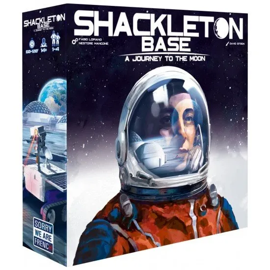 Shackleton Base: A Journey to the Moon board game cover showing a permanent base being built in the Shackleton crater on the Moon