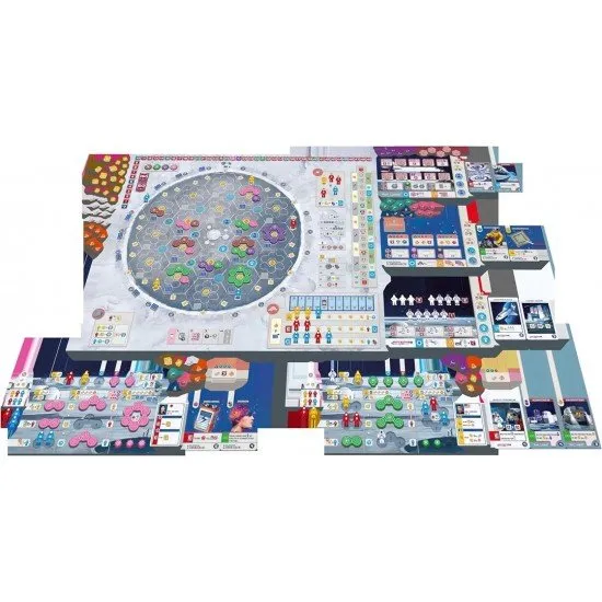 Shackleton Base: A Journey to the Moon board game cover showing a permanent base being built in the Shackleton crater on the Moon