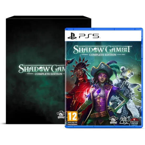 A premium Deluxe Edition collector box for Shadow Gambit The Cursed Crew displaying a ghost ship captain alongside physical items including a softcover artbook, soundtrack CD, and replica pirate gold coin