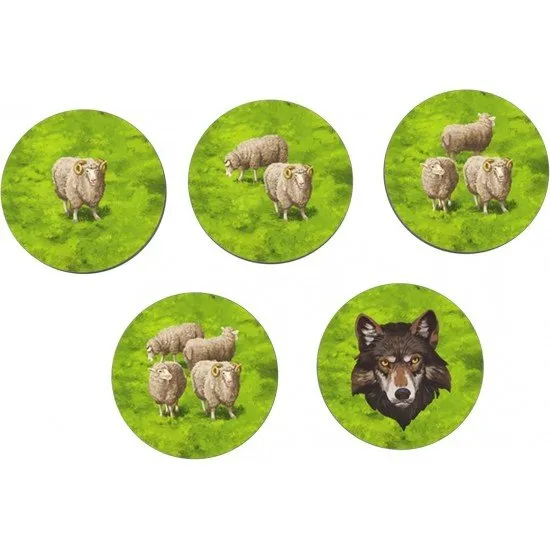 Carcassonne Sheep & Shepherds Expansion box showing a shepherd meeple, sheep tokens, and a wolf token on a vineyard tile