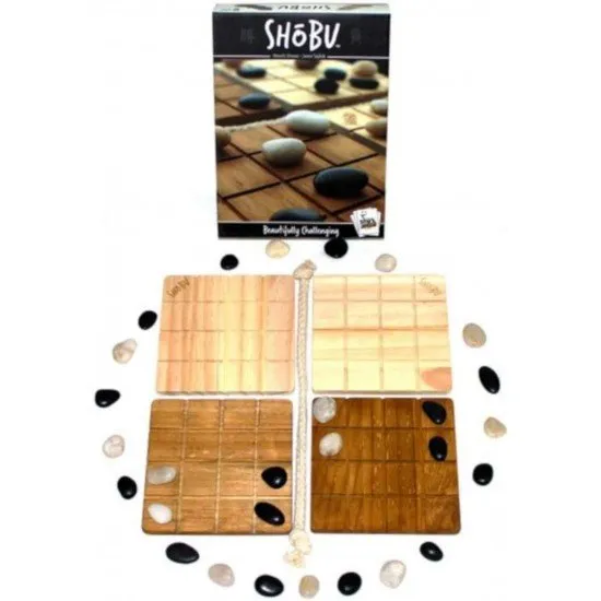 Four square wooden boards arranged in a grid with smooth grey and white river stones separated by a natural rope divider