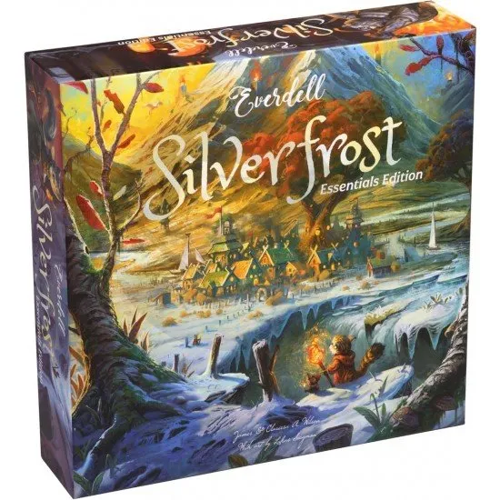 Box art for Everdell Silverfrost Essentials Edition showing a snowy landscape with woodland creatures and a winter city