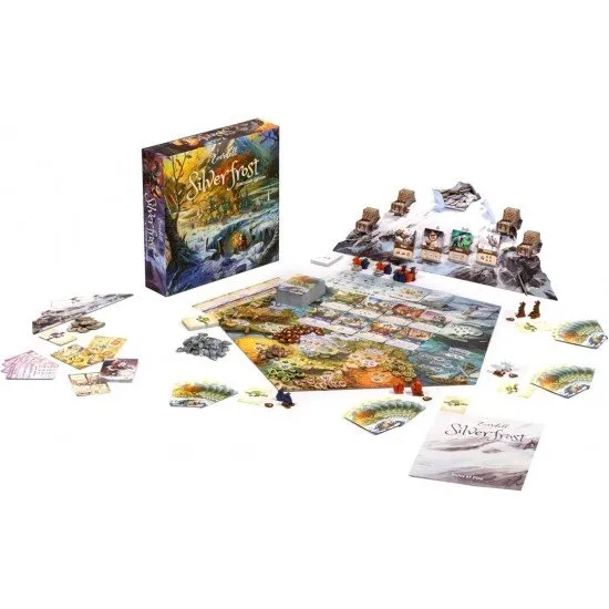 Box art for Everdell Silverfrost Essentials Edition showing a snowy landscape with woodland creatures and a winter city