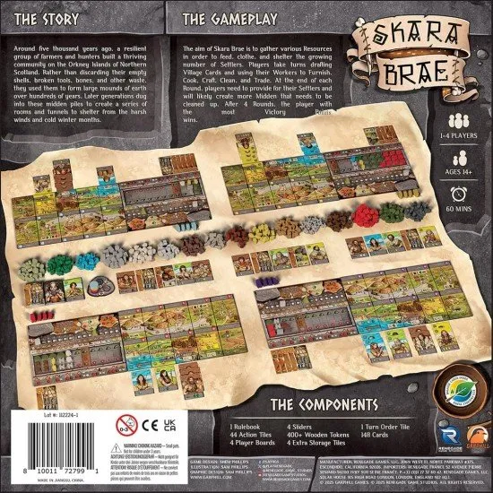 The box art for the Skara Brae board game, showing ancient stone houses and a community of settlers on the Orkney Islands.