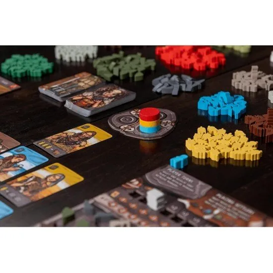 The box art for the Skara Brae board game, showing ancient stone houses and a community of settlers on the Orkney Islands.