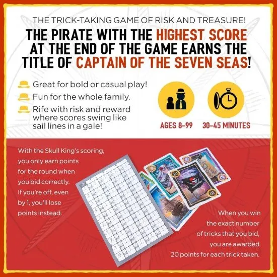 Skull King card game box and pirate-themed cards by Grandpa Beck's Games