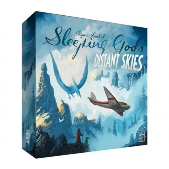 Sleeping Gods Distant Skies board game box featuring a 1930s cargo plane flying over a mysterious, rugged landscape