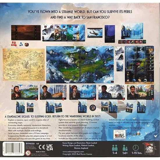 Sleeping Gods Distant Skies board game box featuring a 1930s cargo plane flying over a mysterious, rugged landscape