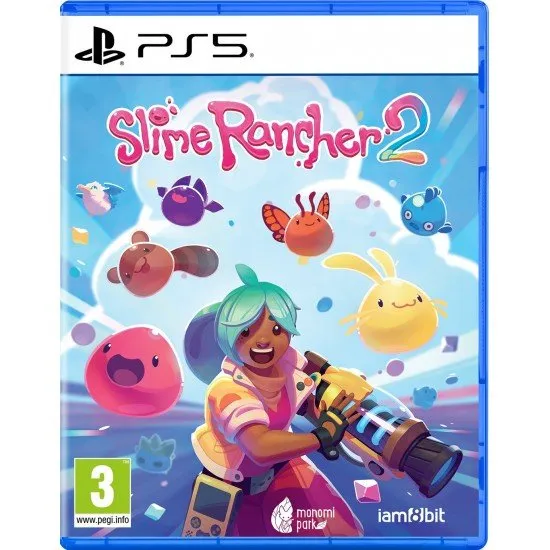 Slime Rancher 2 PS5 The box art for Slime Rancher 2 on PS5, showing the main character Beatrix LeBeau with several colorful slimes on a vibrant island.