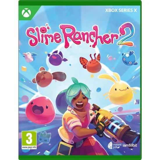Slime Rancher 2 Xbox Series X The box art for Slime Rancher 2 on Xbox Series X, showing the main character Beatrix LeBeau with several colorful slimes on a vibrant island.