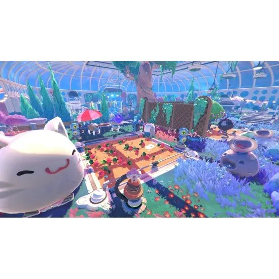 Slime Rancher 2 PS5 The box art for Slime Rancher 2 on PS5, showing the main character Beatrix LeBeau with several colorful slimes on a vibrant island.
