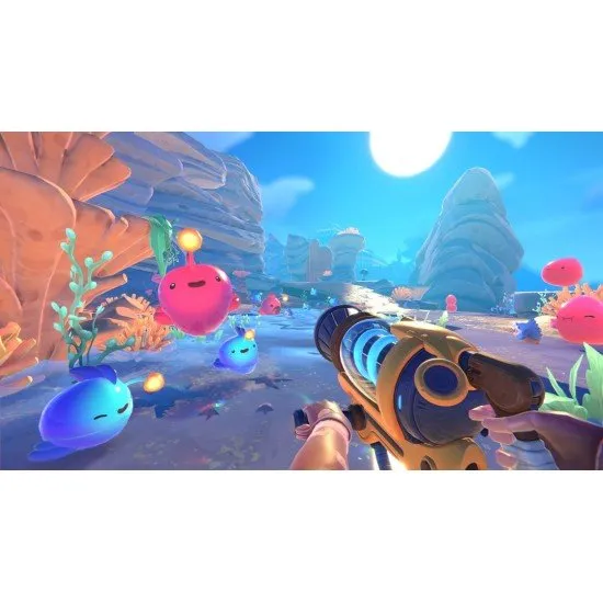 Slime Rancher 2 PS5 The box art for Slime Rancher 2 on PS5, showing the main character Beatrix LeBeau with several colorful slimes on a vibrant island.