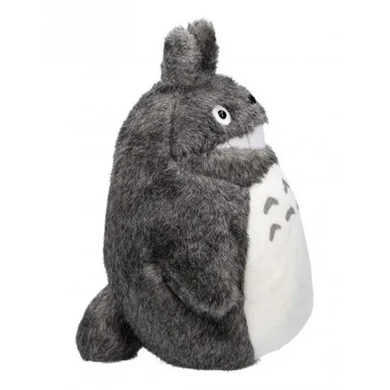 Large grey Big Totoro plush with a wide friendly smile and signature chest markings