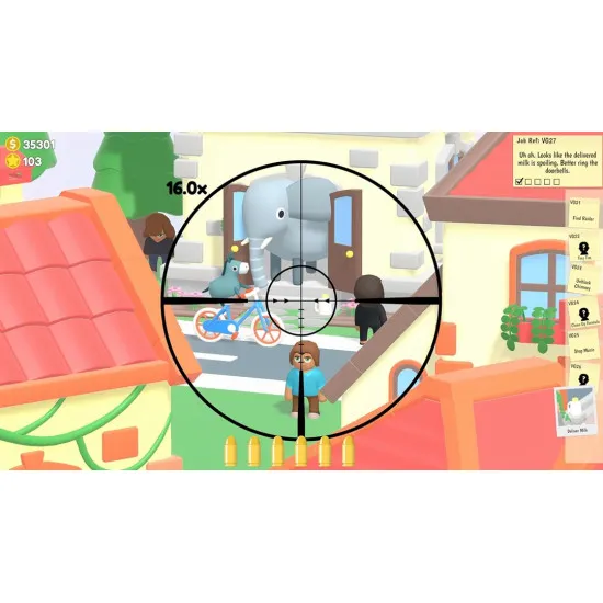 PlayStation 5 game case for Sniper Dan - Hotshot Edition showing colorful 3D puzzle environments and a scope view fixing everyday objects
