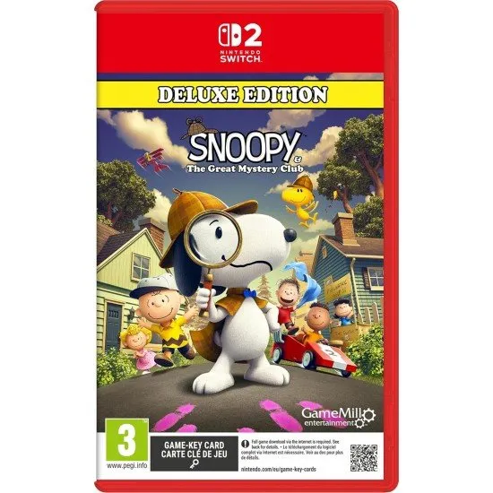 Snoopy & The Great Mystery Club Deluxe Edition Switch 2 box art featuring Snoopy in various personas