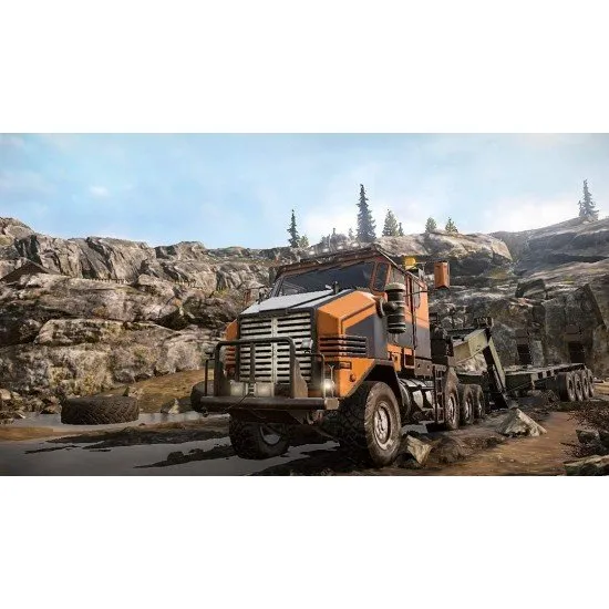 A heavy-duty truck navigating through deep mud and a forest environment under harsh weather conditions