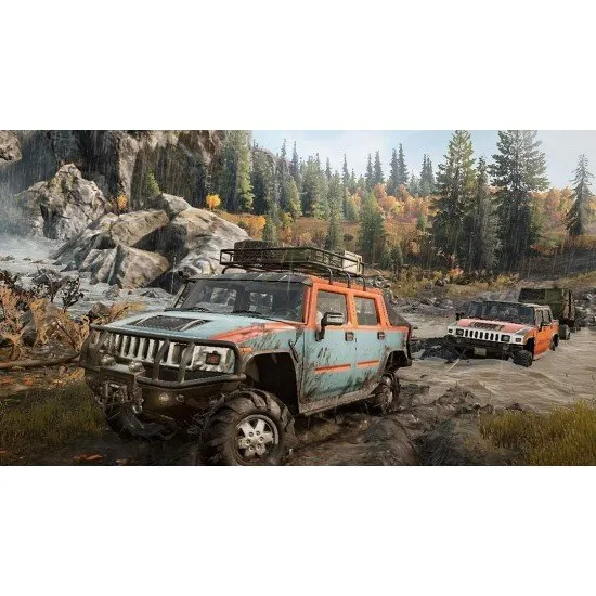 A heavy-duty truck navigating through deep mud and a forest environment under harsh weather conditions