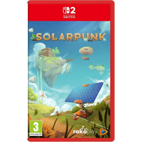 A Nintendo Switch 2 game case showing a player harvesting vegetables on a lush green floating island with a small transport drone carrying items to a chest