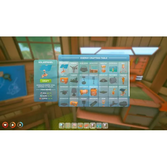 A Nintendo Switch 2 game case showing a player harvesting vegetables on a lush green floating island with a small transport drone carrying items to a chest