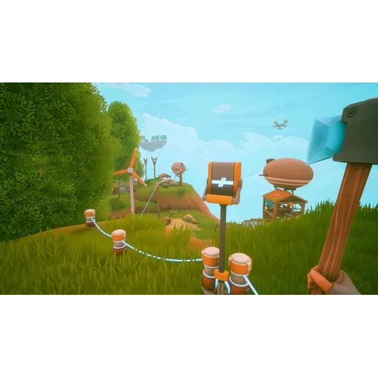 A Nintendo Switch 2 game case showing a player harvesting vegetables on a lush green floating island with a small transport drone carrying items to a chest