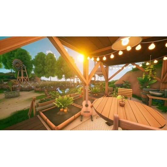 A Nintendo Switch 2 game case showing a player harvesting vegetables on a lush green floating island with a small transport drone carrying items to a chest