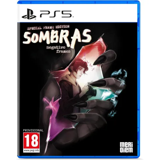 PlayStation 5 game case for Sombras Negative Frames Special Frame Edition featuring Shiomi holding a camera in a dark Japanese town