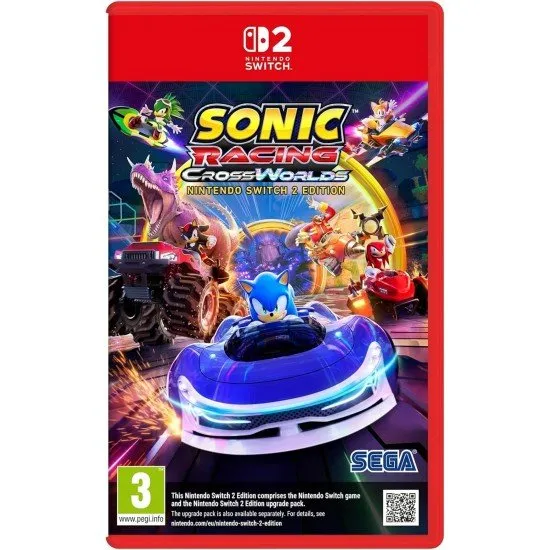 Sonic Racing Crossworlds Nintendo Switch 2 box art featuring Sonic and friends racing through a Travel Ring