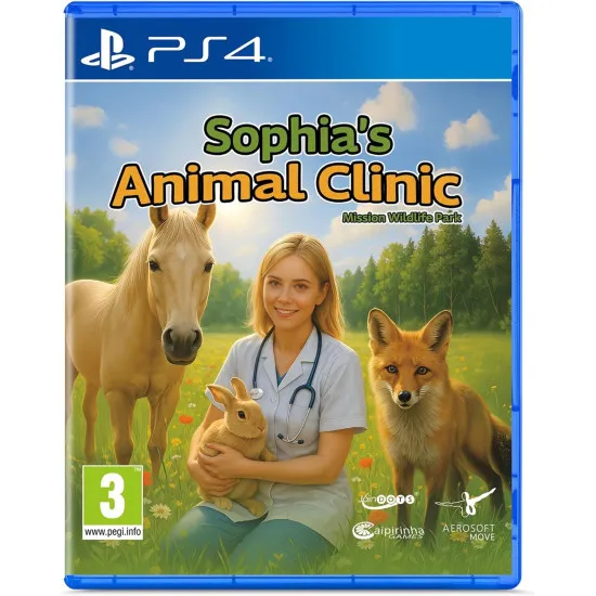 A PlayStation 4 game case displaying a smiling female veterinarian holding a clipboard next to a cute fox and a small donkey in a vibrant park landscape