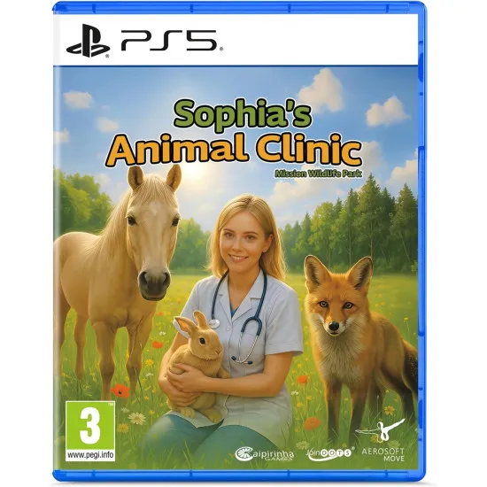 A PlayStation 5 game case showing a young female vet examining a friendly deer inside a modern, sunny wooden clinic room surrounded by trees