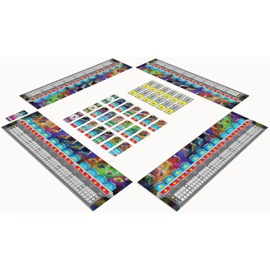 A colourful spread of space station cards with various sci-fi ship illustrations and dice